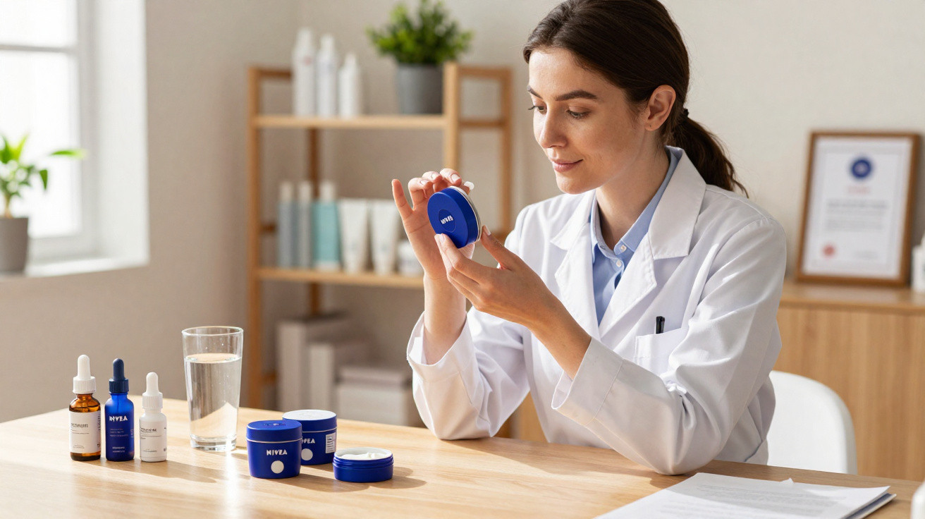 Mulher com jaleco branco examinando pote de creme azul da Nivea em mesa com produtos cosméticos.