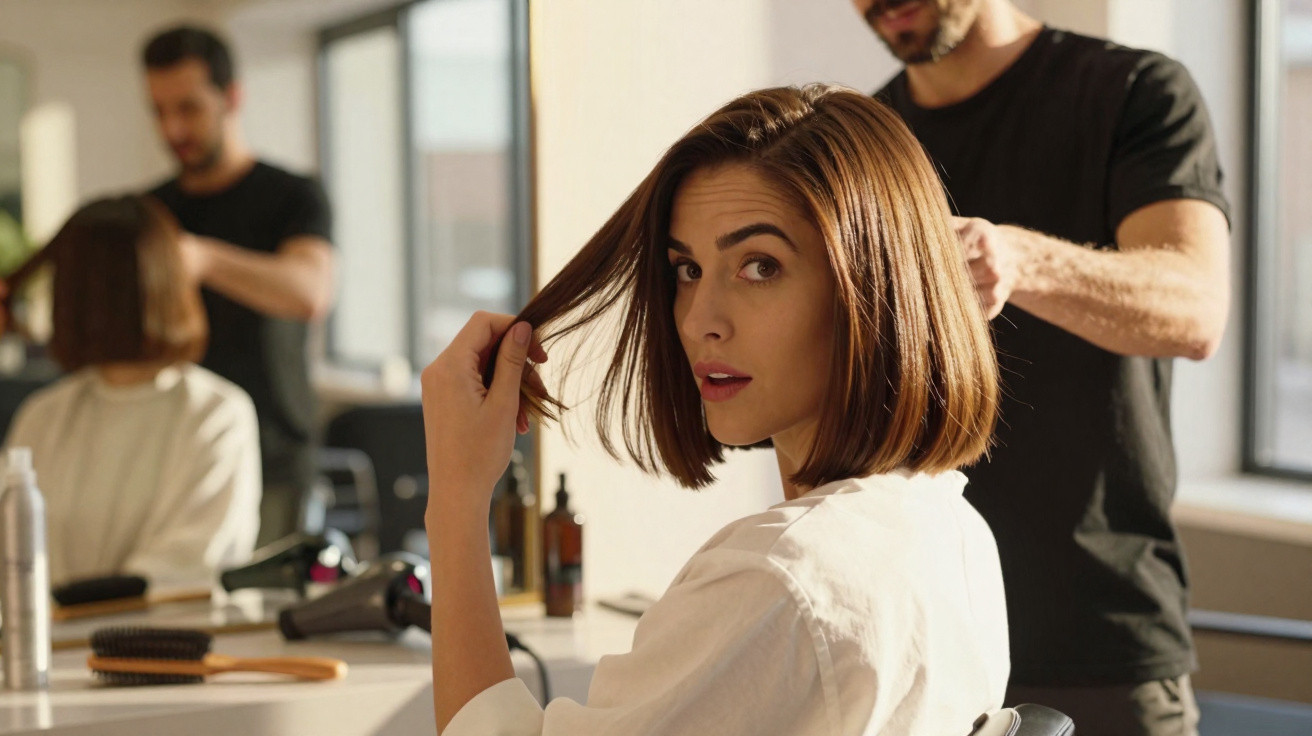 Mulher sentada em cadeira de salão de beleza verificando cabelo enquanto cabeleireiro arruma corte curto.