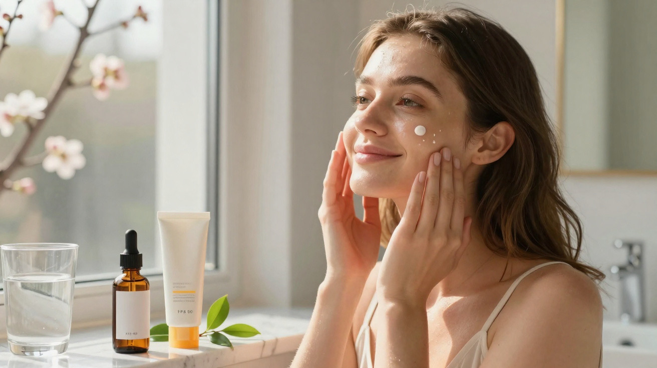 Jovem aplicando creme facial, com produtos de skincare e copo de água na janela ao fundo.