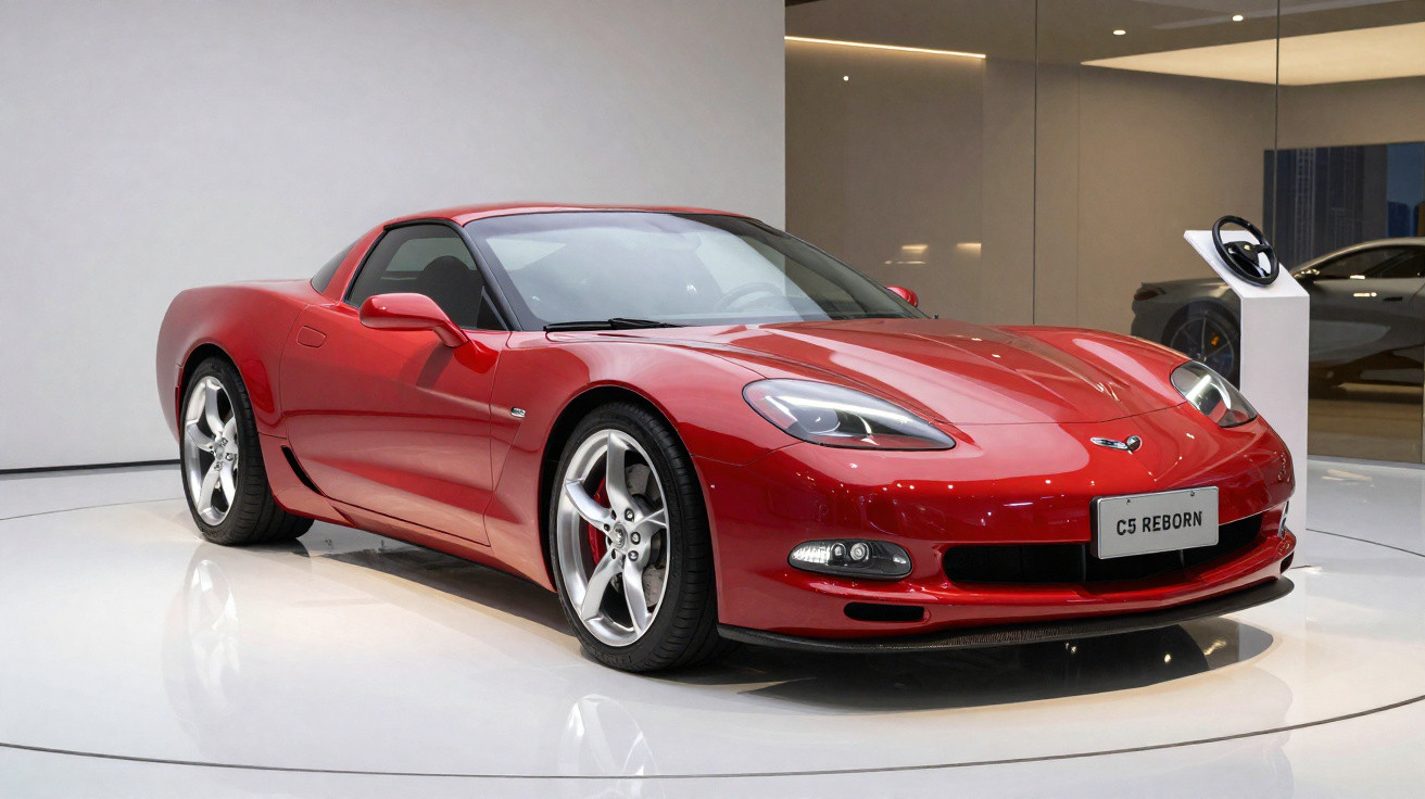 Carro esportivo vermelho modelo CS Reborn exibido em ambiente interno moderno e iluminado.