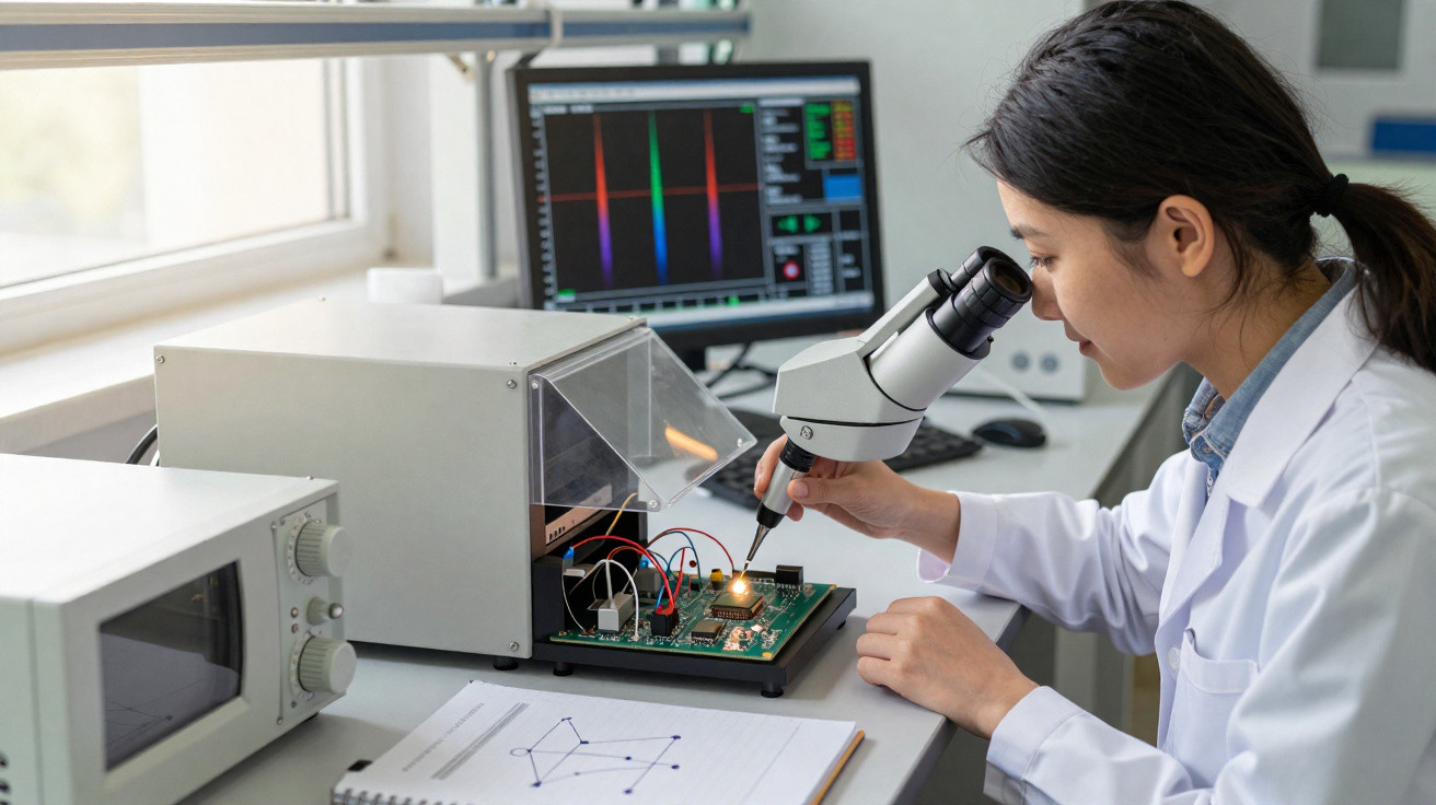Mulher cientista usando microscópio para analisar circuito eletrônico em laboratório com equipamentos e gráfico no computador