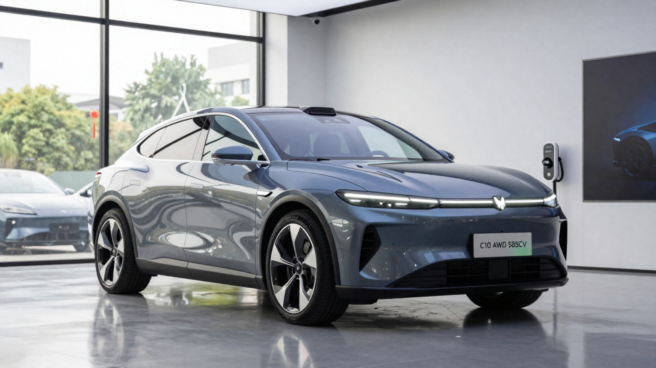 Carro elétrico cinza estacionado em showroom moderno com parede branca e janela grande.