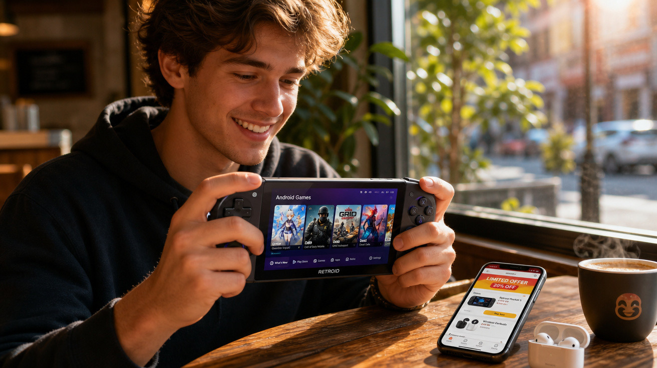Jovem sorridente usando console portátil para jogos, com celular, fones de ouvido e café na mesa de madeira.