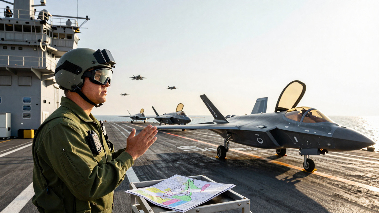 Piloto militar com capacete no convés de porta-aviões, com mapa e caças estacionados ao fundo.