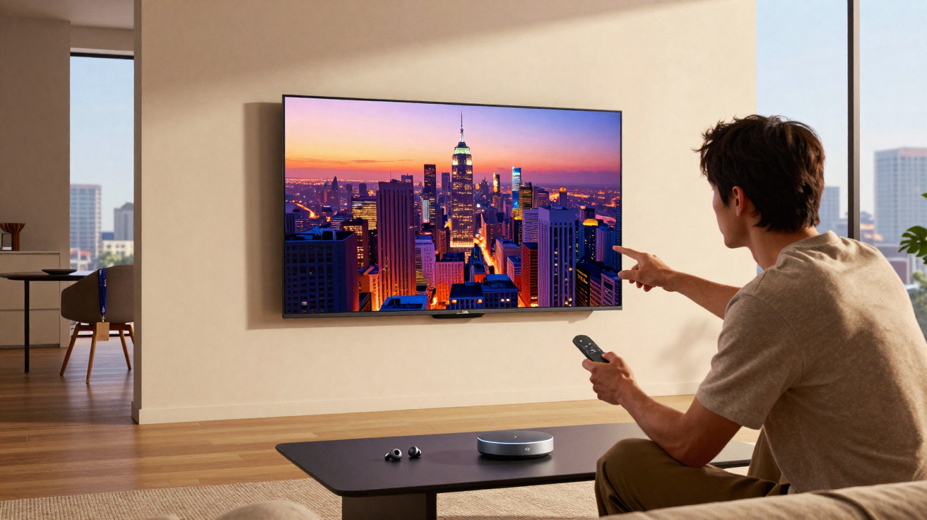 Pessoa assistindo a um programa de TV com imagem de cidade iluminada ao entardecer em sala moderna