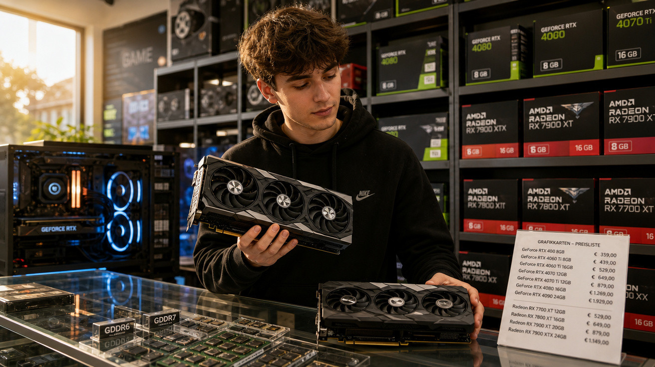 Jovem segurando placa de vídeo em loja com várias caixas de hardware e preços expostos.