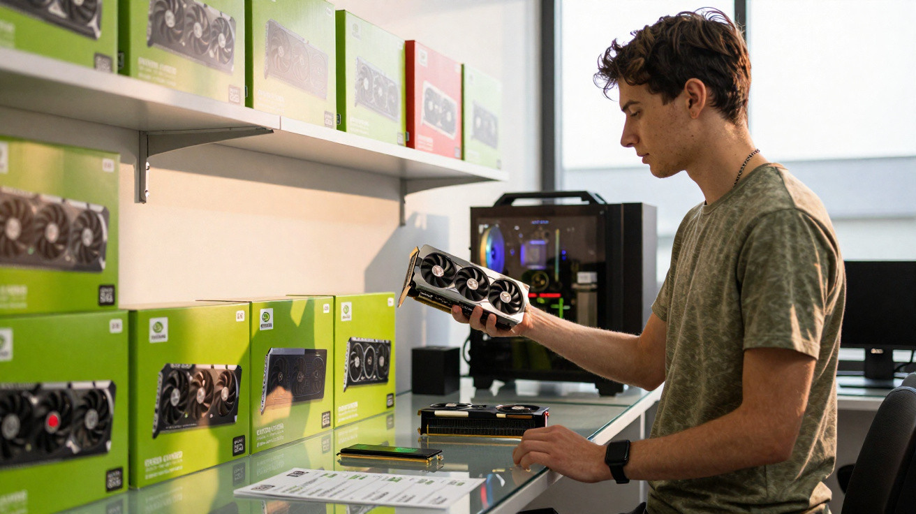 Jovem segurando uma placa de vídeo em loja com várias caixas de hardware para computador na prateleira.