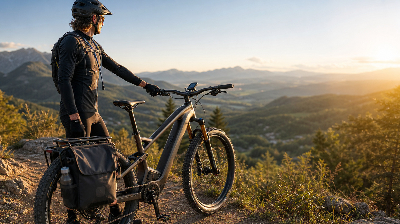 Ciclista com capacete e luvas observa o pôr do sol montado em bicicleta elétrica em trilha na montanha.