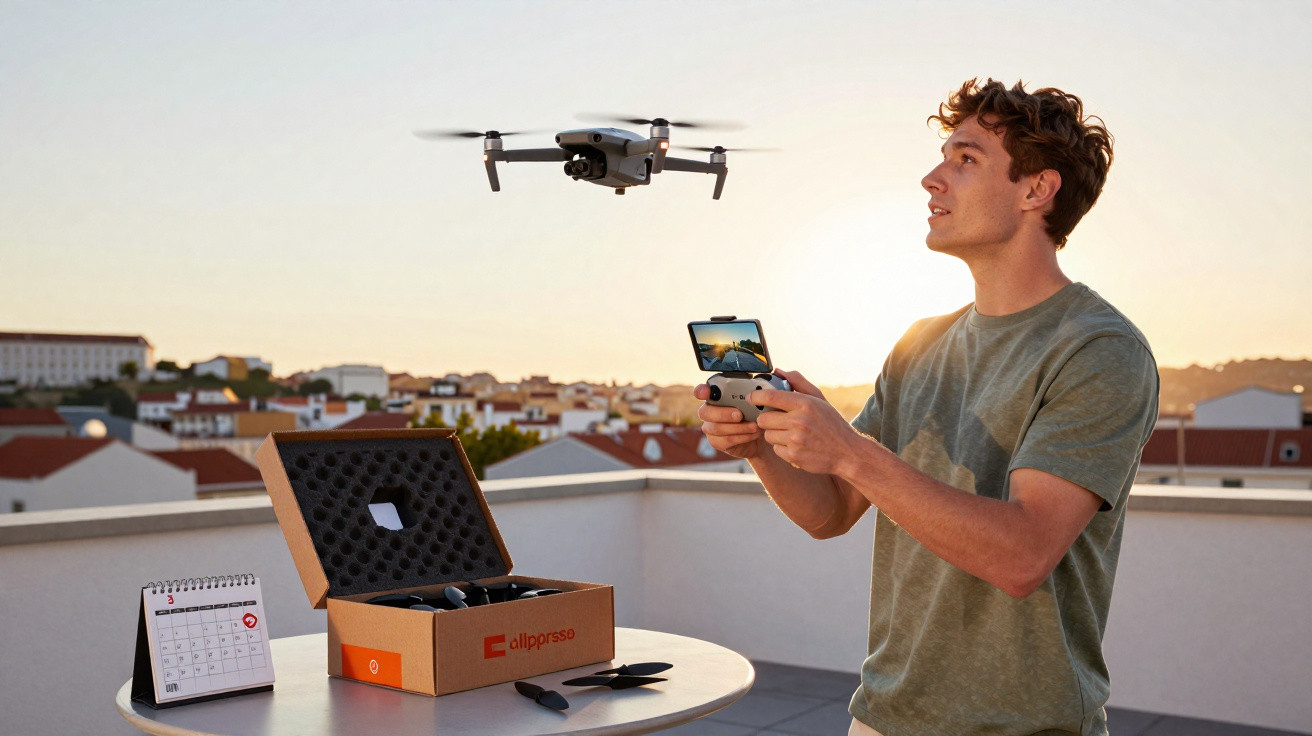 Homem controla drone voando ao pôr do sol em varanda com caixa e calendário sobre mesa redonda.