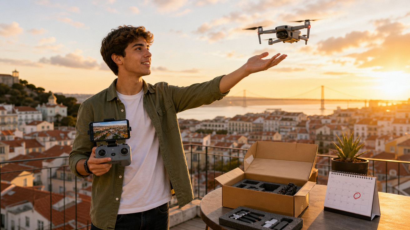 Jovem operando um drone no terraço ao pôr do sol com vista para cidade e ponte ao fundo.