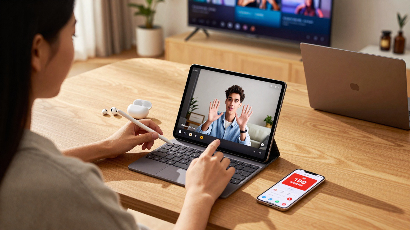 Pessoa usando tablet com teclado e caneta interagindo em videochamada, smartphone e laptop sobre mesa de madeira.