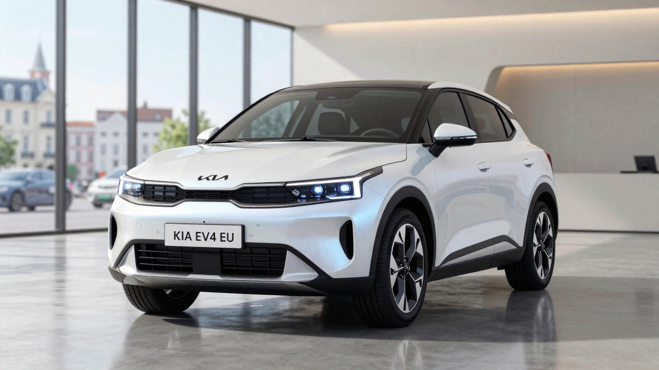 Carro elétrico branco Kia EV4 EU estacionado em ambiente interno moderno com piso espelhado.