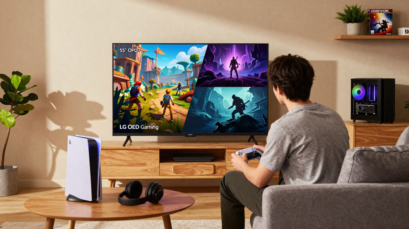 Jovem sentado no sofá jogando videogame em TV LG OLED em sala moderna com console e fones na mesa.