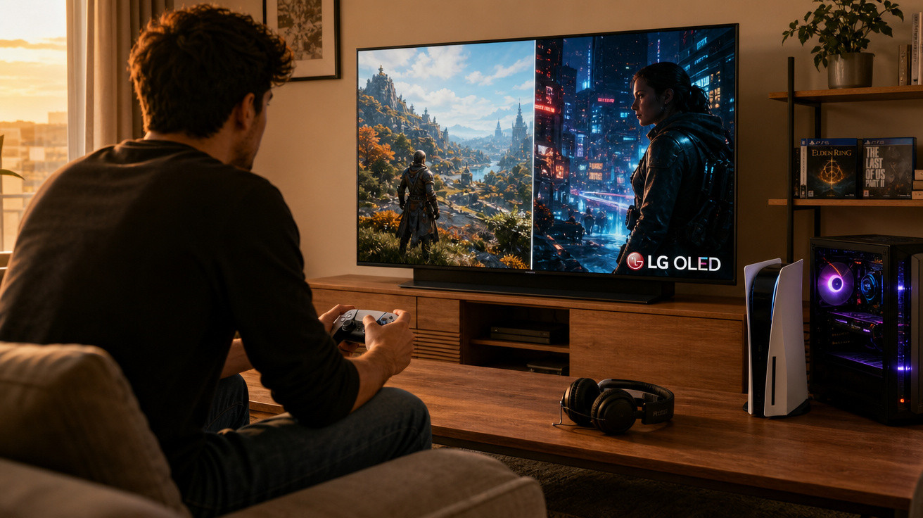 Homem sentado no sofá jogando videogame em TV LG OLED com paisagens de fantasia e futurista.
