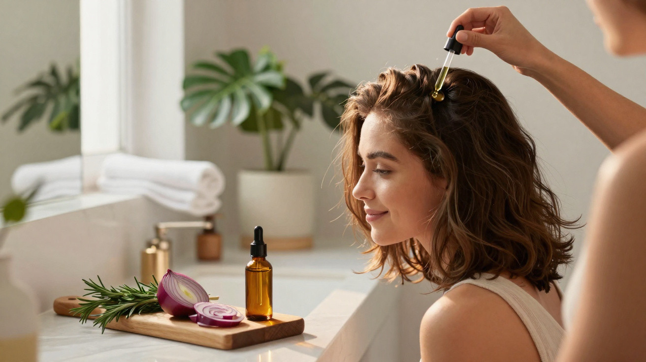 Mulher aplicando óleo capilar com conta-gotas em cabelo curto no banheiro iluminado.