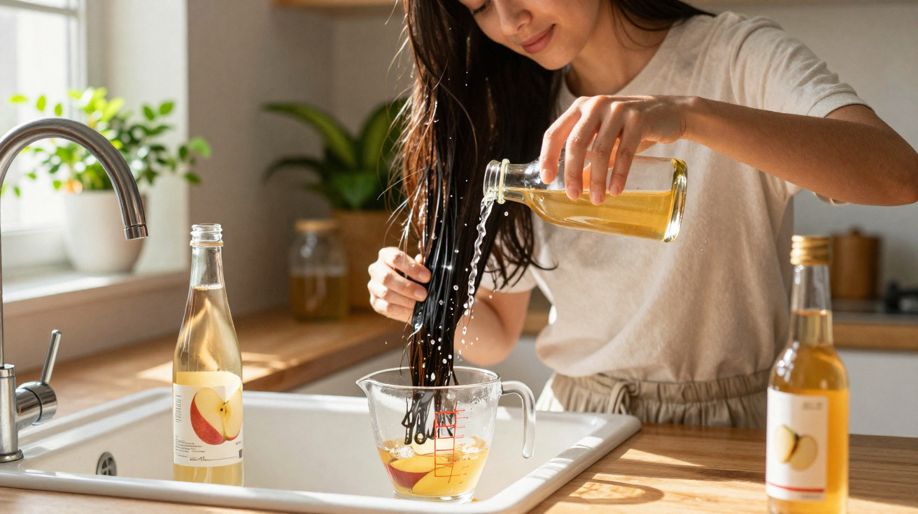 Mulher despejando líquido em macarrão preto dentro de jarra medidora na cozinha ensolarada.