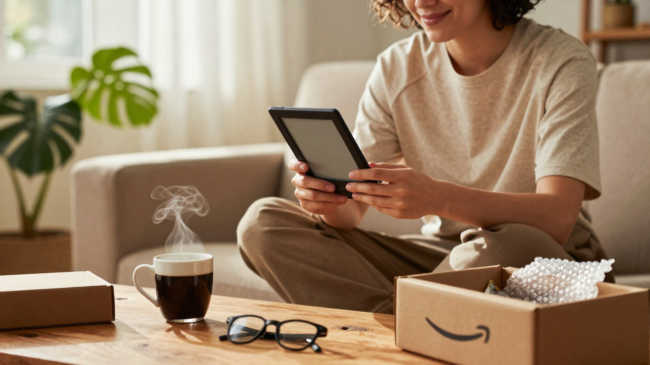 Pessoa sentada no chão lendo e-book, com xícara de café, óculos e caixa da Amazon na mesa de madeira.