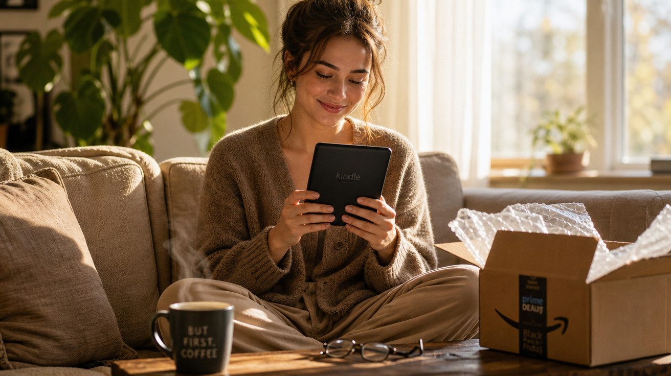 Mulher sentada no sofá lendo em um Kindle com caixa da Amazon e xícara de café ao lado.
