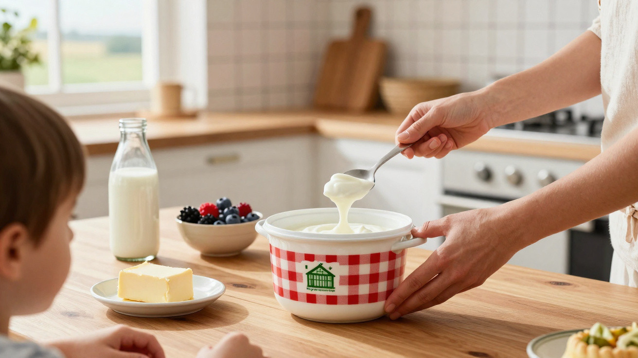 Pessoa servindo iogurte caseiro em tigela na cozinha com manteiga, leite e frutas na mesa.
