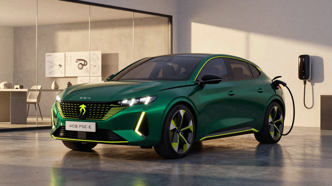 Carro elétrico verde conectado em estação de recarga, com design moderno e detalhes em amarelo neon.