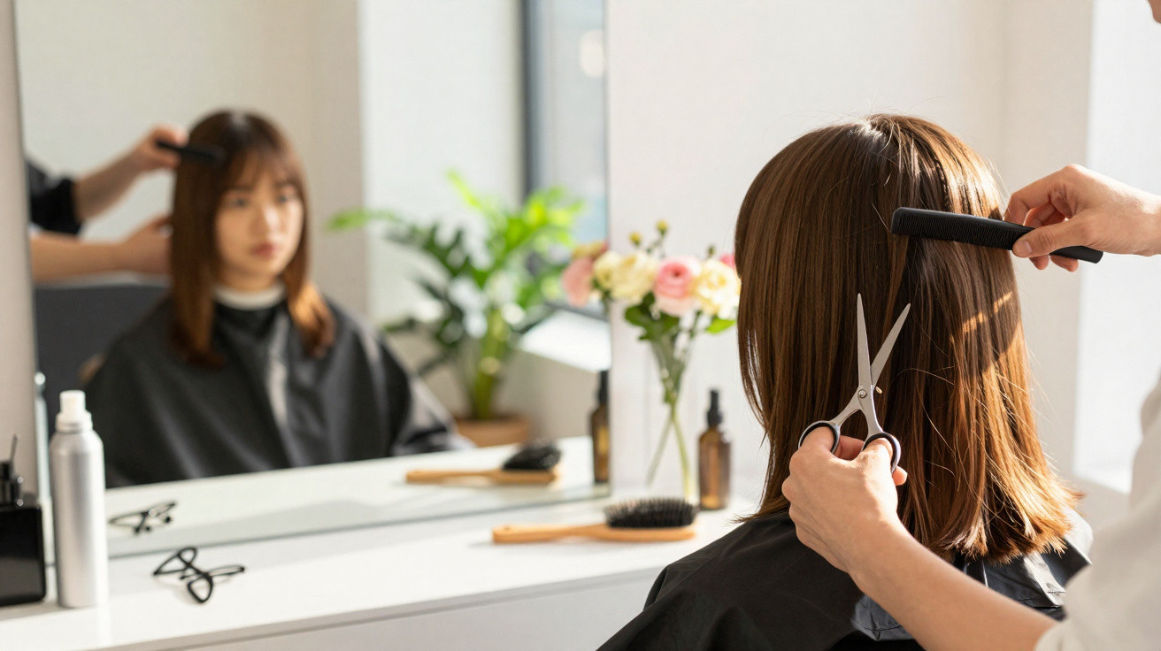Pessoa cortando cabelo feminino castanho em salão com flores e espelho à frente.
