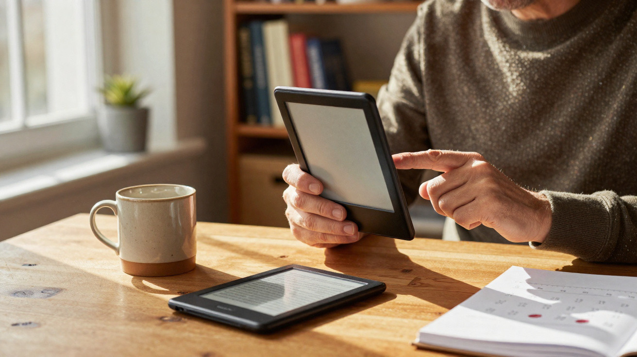 Pessoa usando um leitor de e-book em uma mesa de madeira com caneca, outro e-book e caderno ao lado.