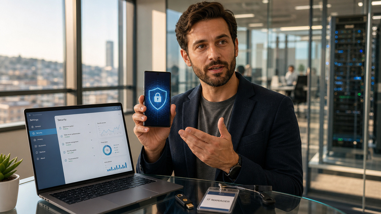 Homem em escritório moderno mostra celular com ícone de cadeado azul, destacando segurança digital.