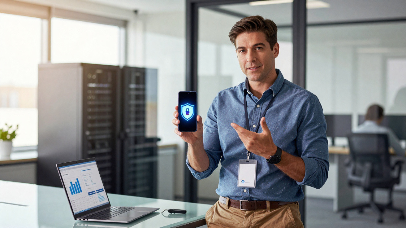 Homem em escritório segurando celular com ícone de segurança na tela, ao lado de laptop com gráficos.
