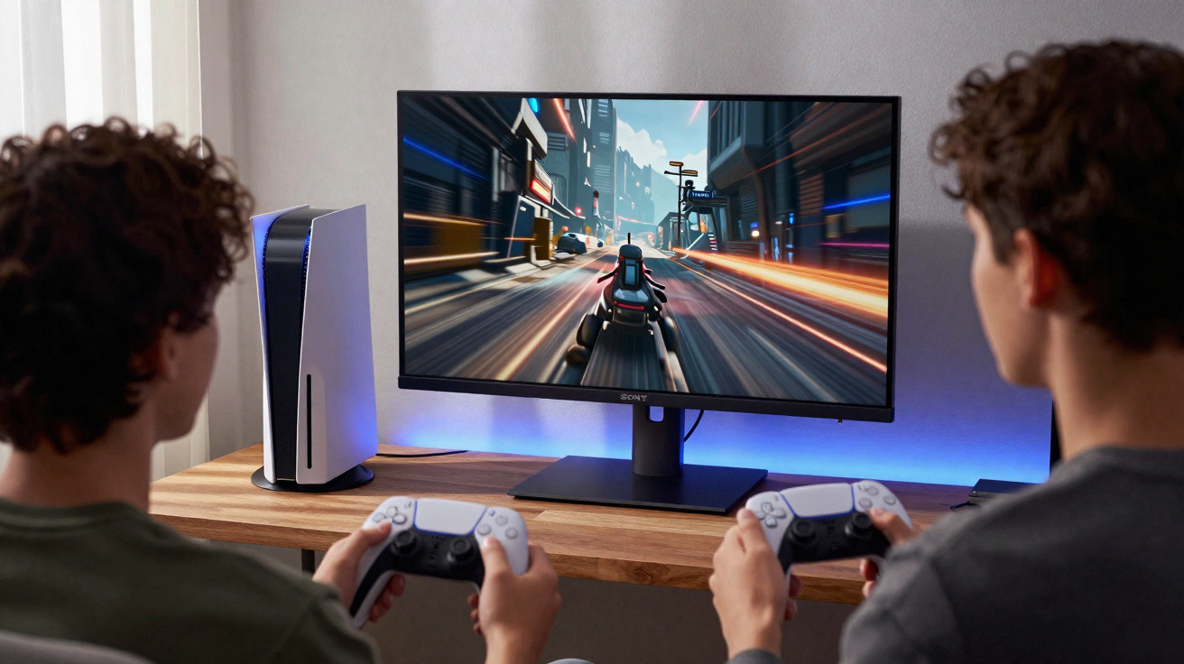 Duas pessoas jogando videogame em uma TV com o console PlayStation 5 ao lado em uma mesa de madeira.