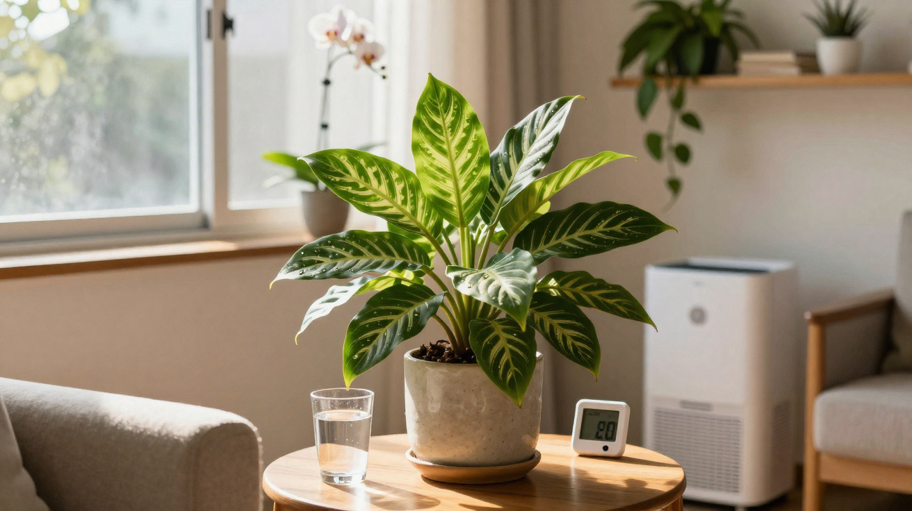 Planta verde em vaso sobre mesa redonda de madeira com copo d'água e termômetro digital em sala iluminada.