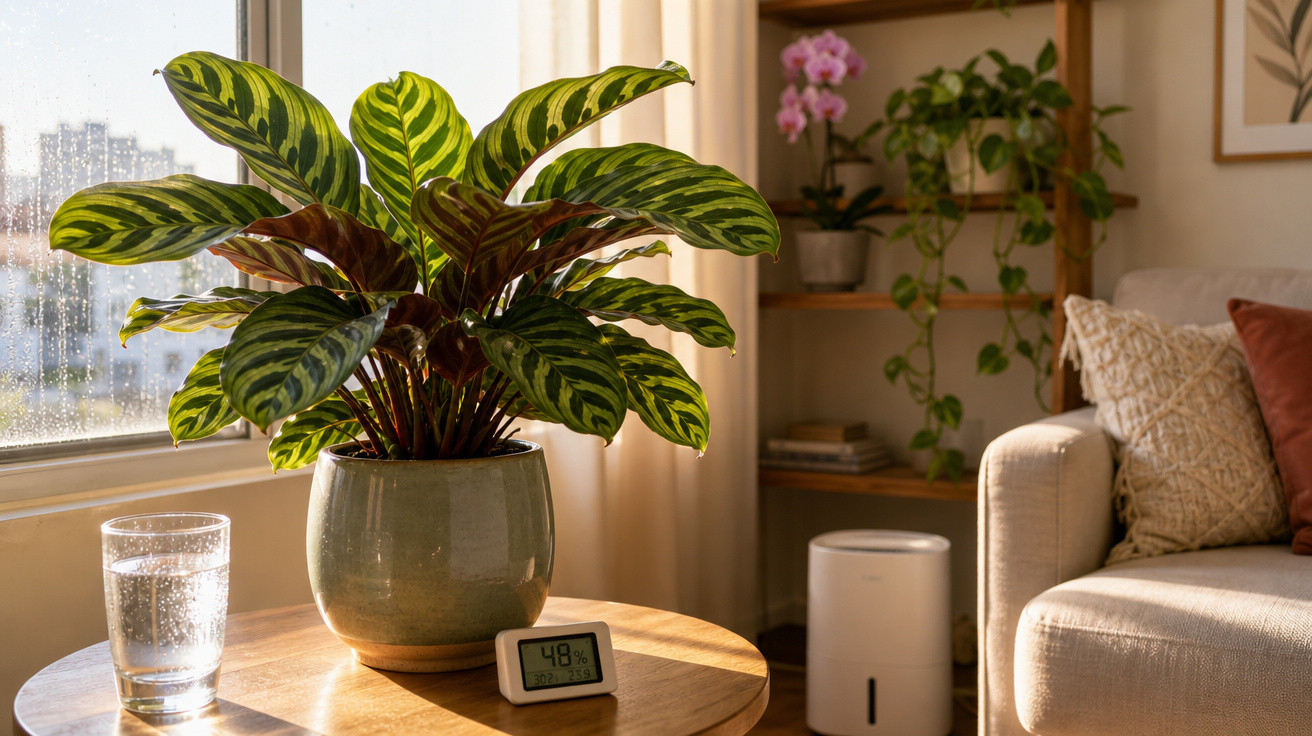 Planta verde em vaso sobre mesa redonda de madeira, com copo d'água e higrômetro digital, ao lado de sofá iluminado.