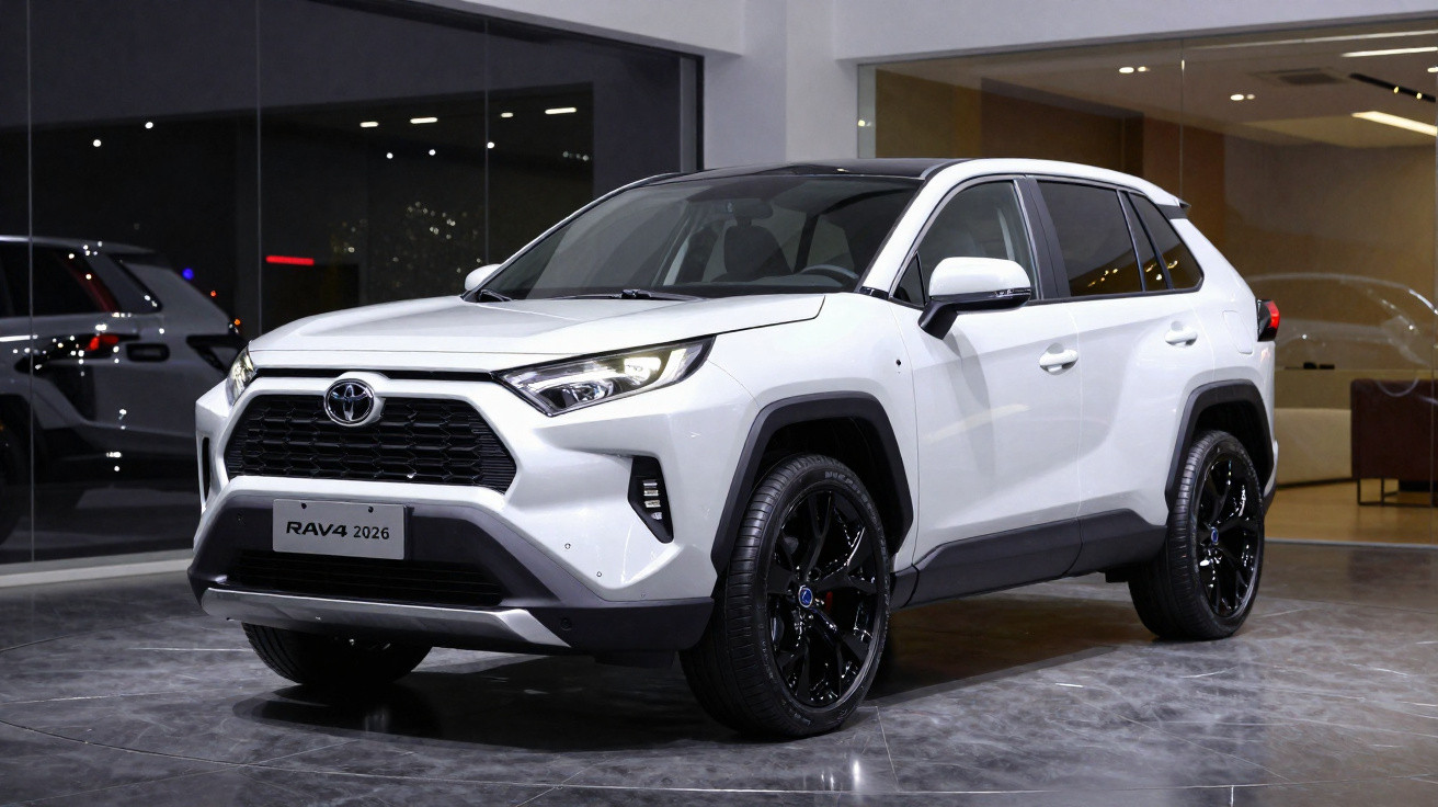 SUV branco Toyota RAV4 2026 em exposição, com rodas pretas e design moderno em showroom.