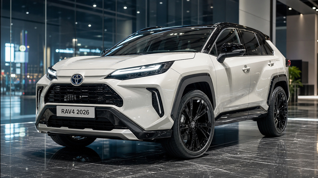 SUV Toyota RAV4 2026 branco com detalhes pretos em ambiente moderno e iluminado à noite.