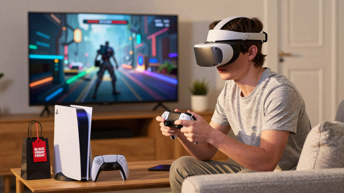 Homem usando óculos de realidade virtual e controle jogando videogame em sala com TV e console PlayStation.