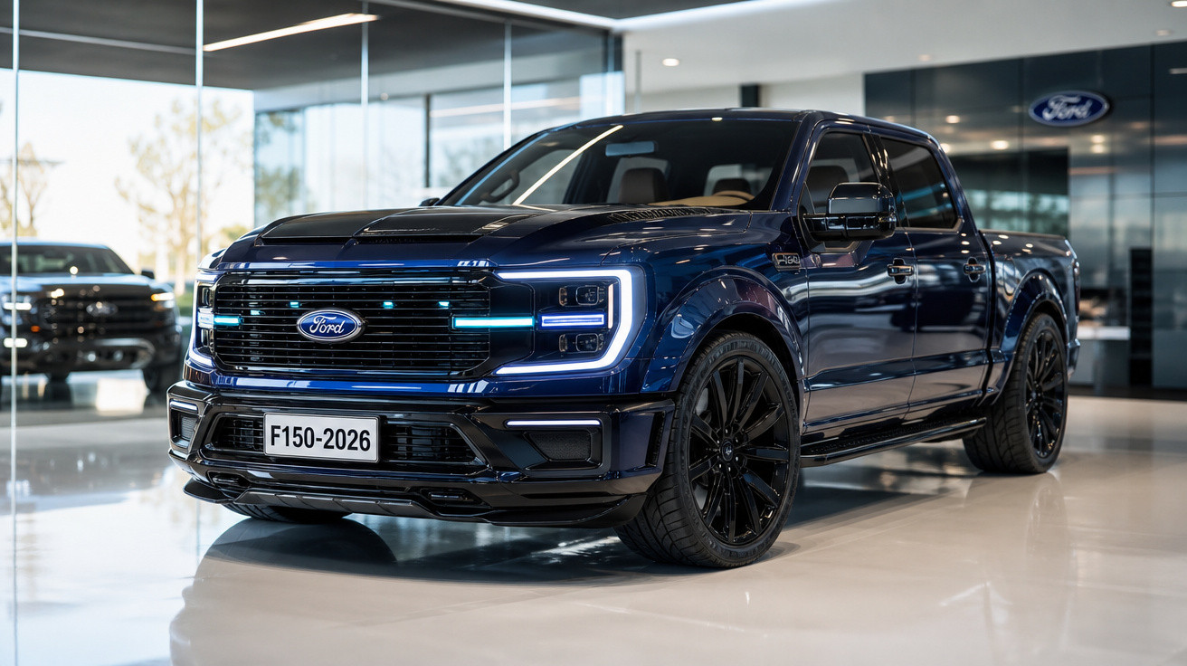 Picape Ford F-150 2026 azul metálico exibida em showroom moderno e iluminado.
