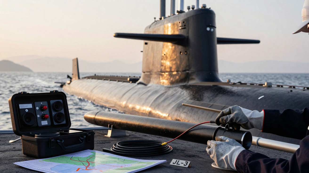 Submarino na água com pessoa manuseando equipamento eletrônico e mapa ao lado.