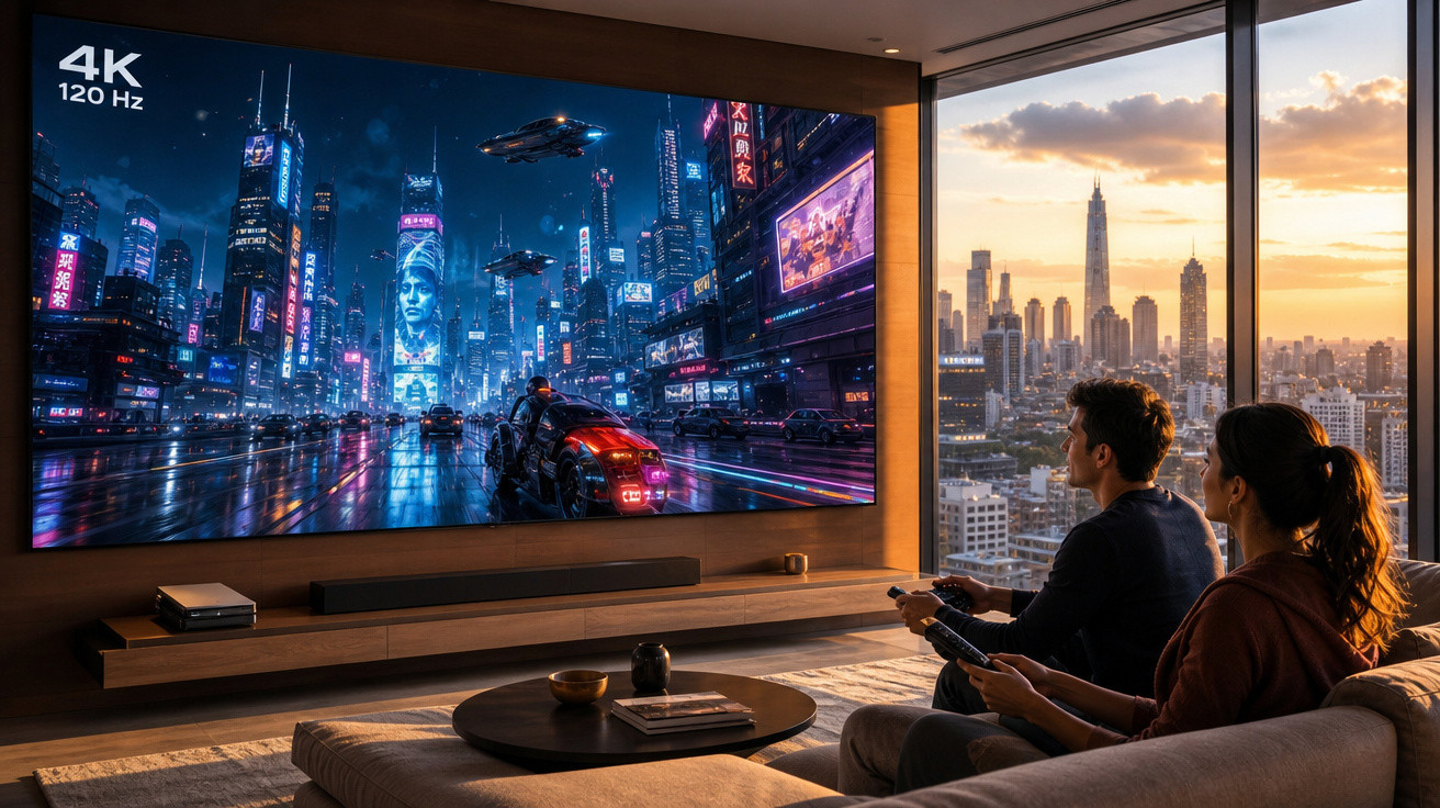 Casal assistindo jogo futurista em TV 4K 120Hz em sala com grande janela e vista da cidade ao pôr do sol.