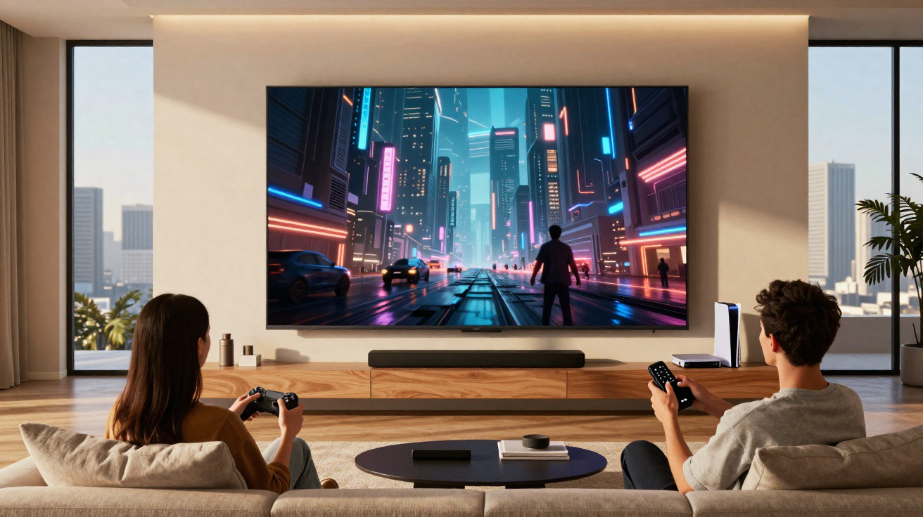 Casal jogando videogame em sala moderna com TV grande exibindo cenário futurista neon.