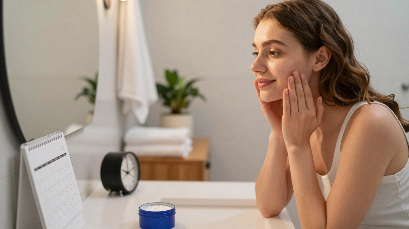 Mulher sorrindo se olhando no espelho com creme facial na bancada do banheiro.