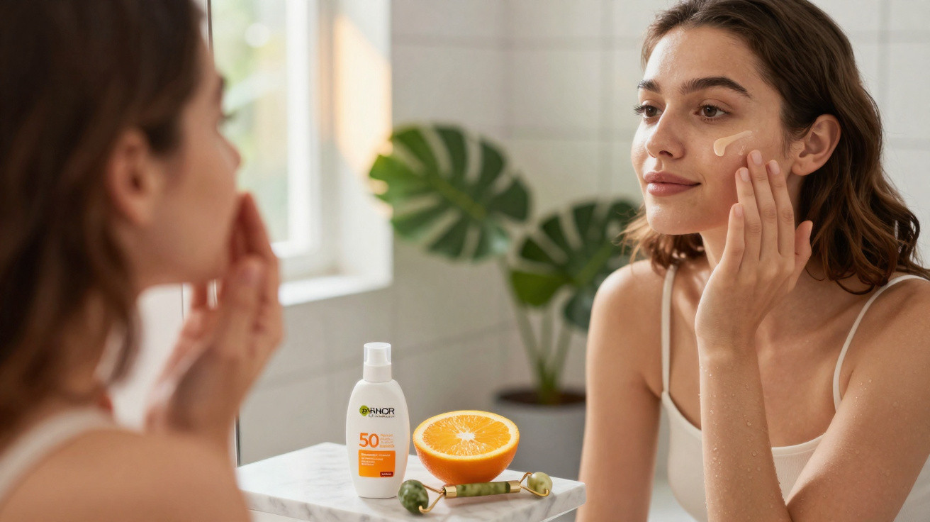 Mulher aplicando protetor solar no rosto olhando no espelho, com creme, laranja e massageador ao lado.