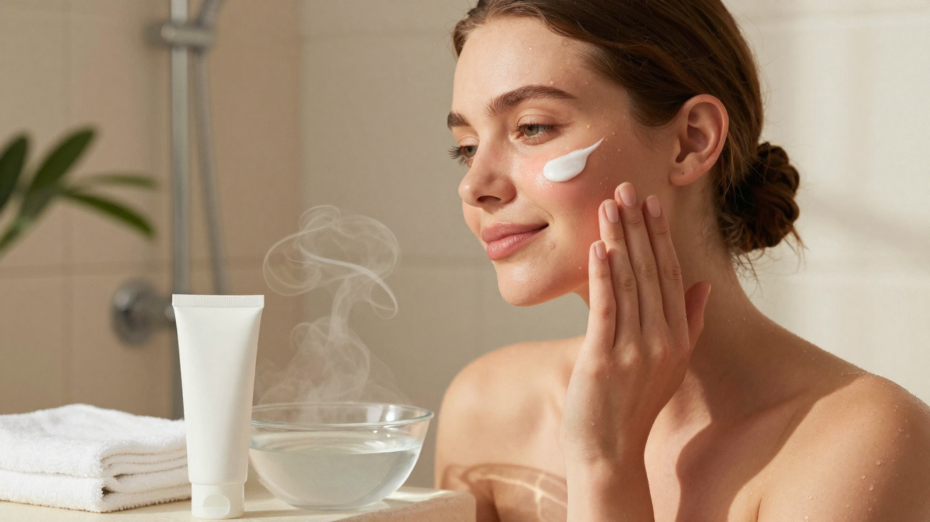 Mulher aplicando hidratante no rosto em ambiente de banheiro com toalha, creme e vapor ao fundo.