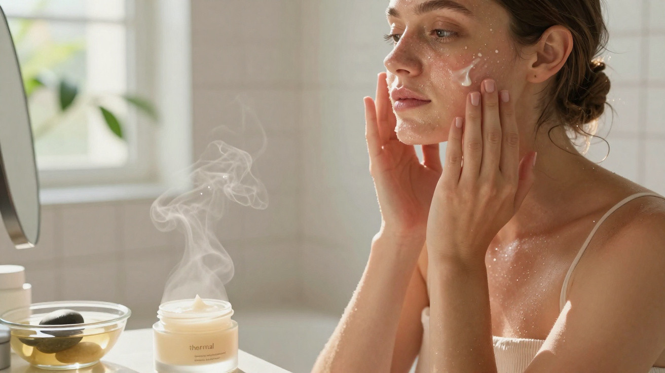Mulher aplicando creme facial em pele úmida em ambiente claro e tranquilo de banheiro.