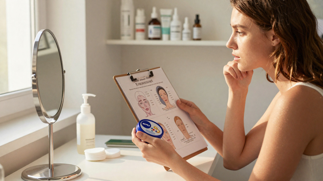 Mulher olhando quadro com tipos de pele e segurando pote de creme Nivea em frente a espelho.