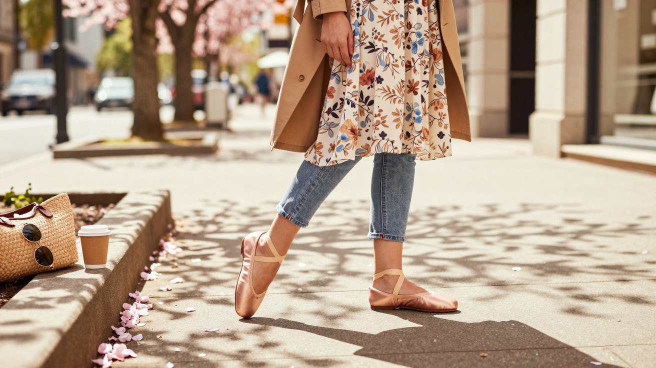 Pessoa usando sapatilhas de balé rosas, vestido floral e jeans, posando na calçada ensolarada da cidade.