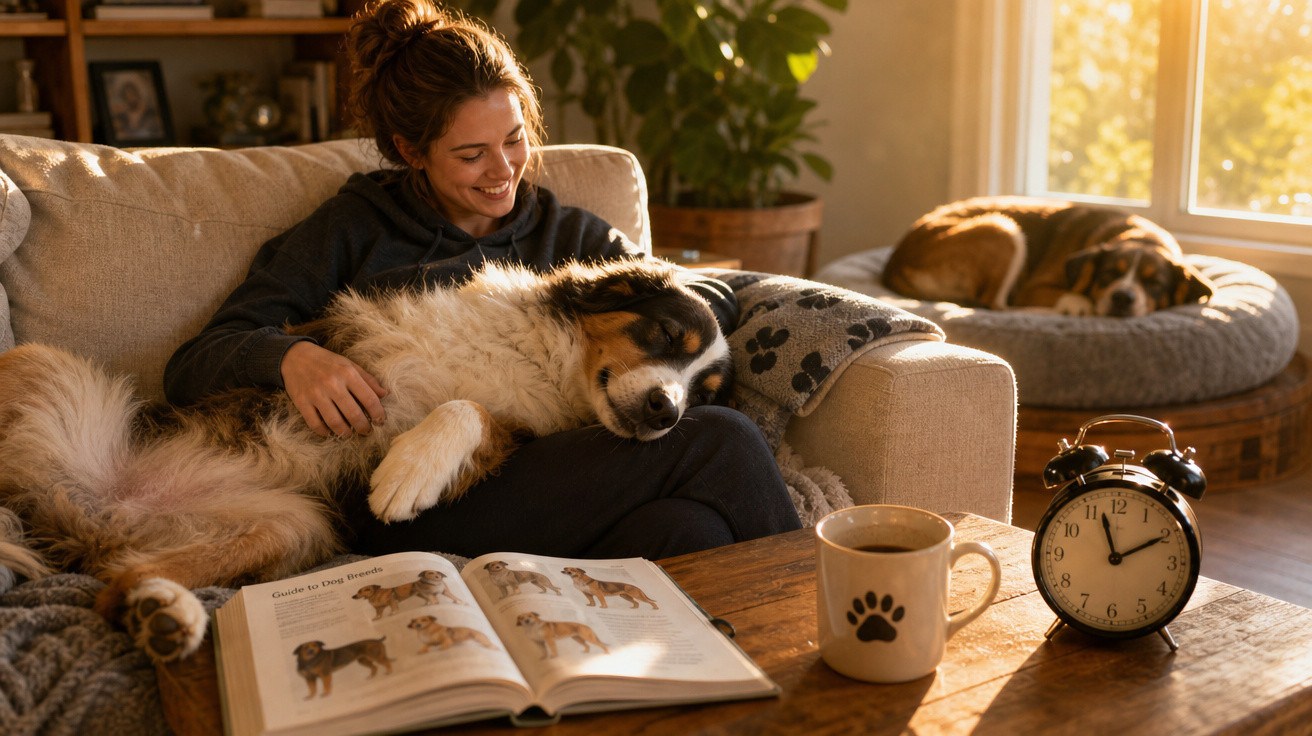 Mulher sorrindo abraça cachorro no colo em sofá, com livro aberto, xícara e relógio na mesa à frente.