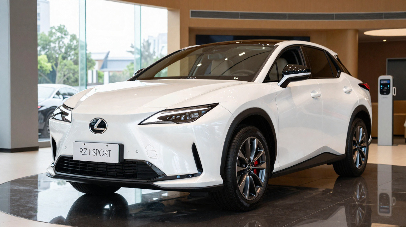 Carro elétrico branco Lexus RZ FSPORT exposto em showroom moderno com teto preto e rodas esportivas.