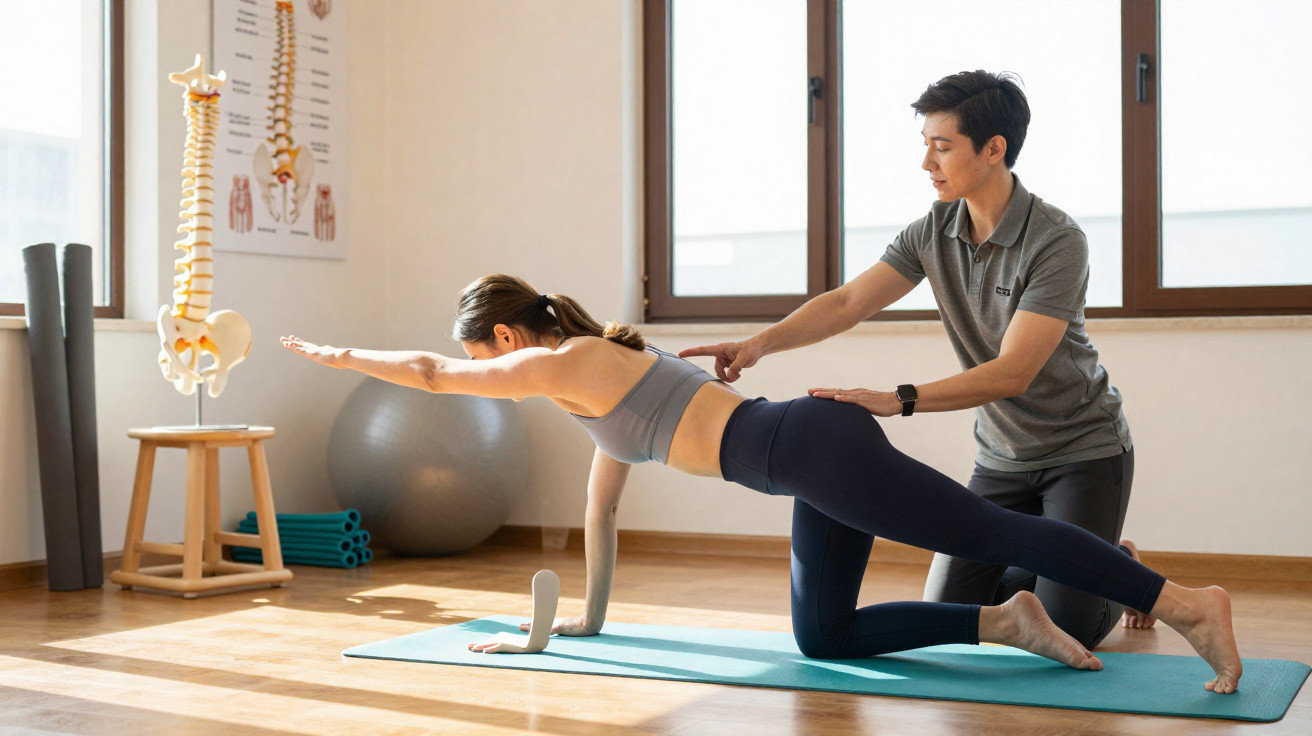 Fisioterapeuta orienta mulher em exercício de equilíbrio e fortalecimento postural em estúdio iluminado.