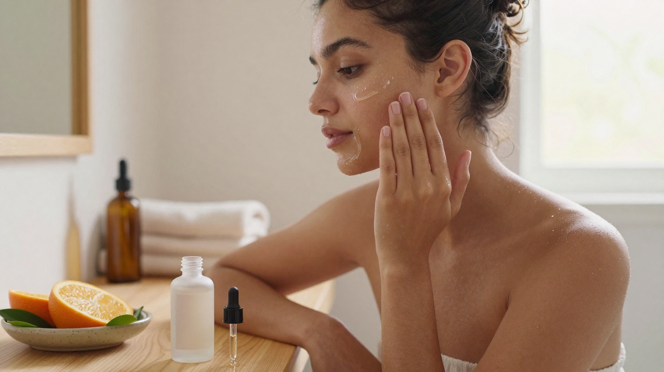 Mulher aplicando creme facial sentada à mesa com frascos de cosméticos e frutas ao lado.