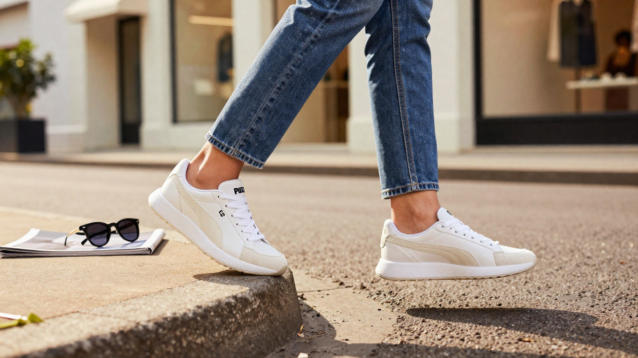 Pessoa usando tênis branco Puma e jeans azul pulando de meio-fio na rua, com óculos escuros ao lado.