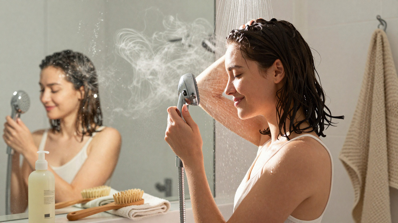 Mulher tomando banho, segurando chuveiro com vapor, em banheiro com toalha pendurada ao fundo.